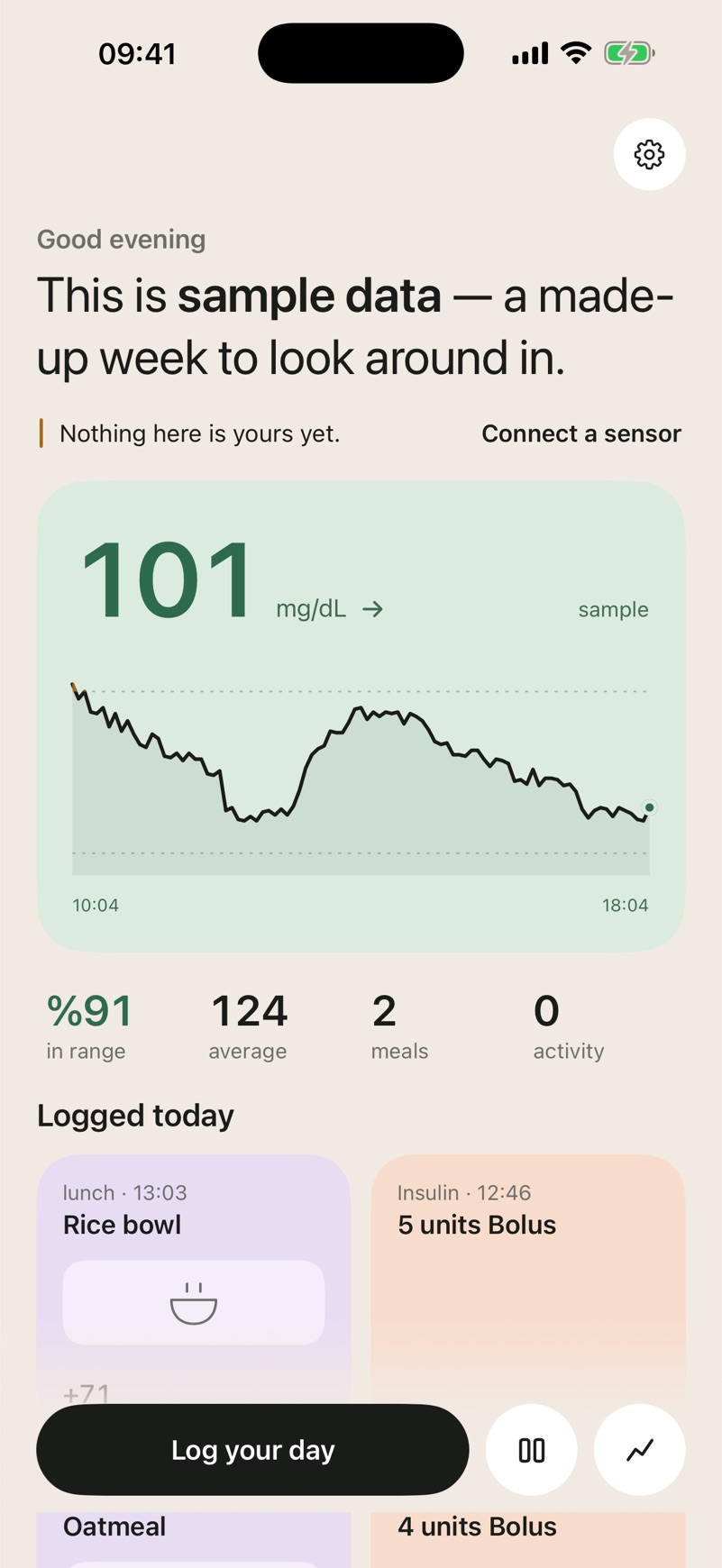 The InRange home screen: the current reading, today's trace and what was logged